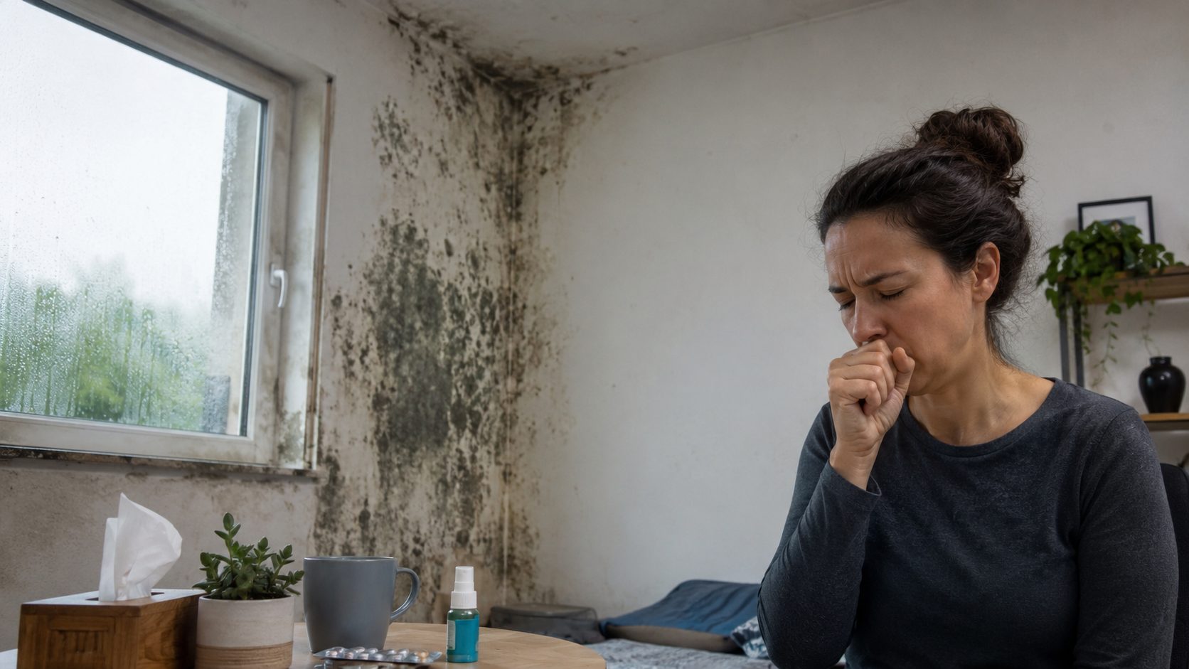 Femme toussant dans une pièce humide avec des moisissures visibles sur le mur près d’une fenêtre