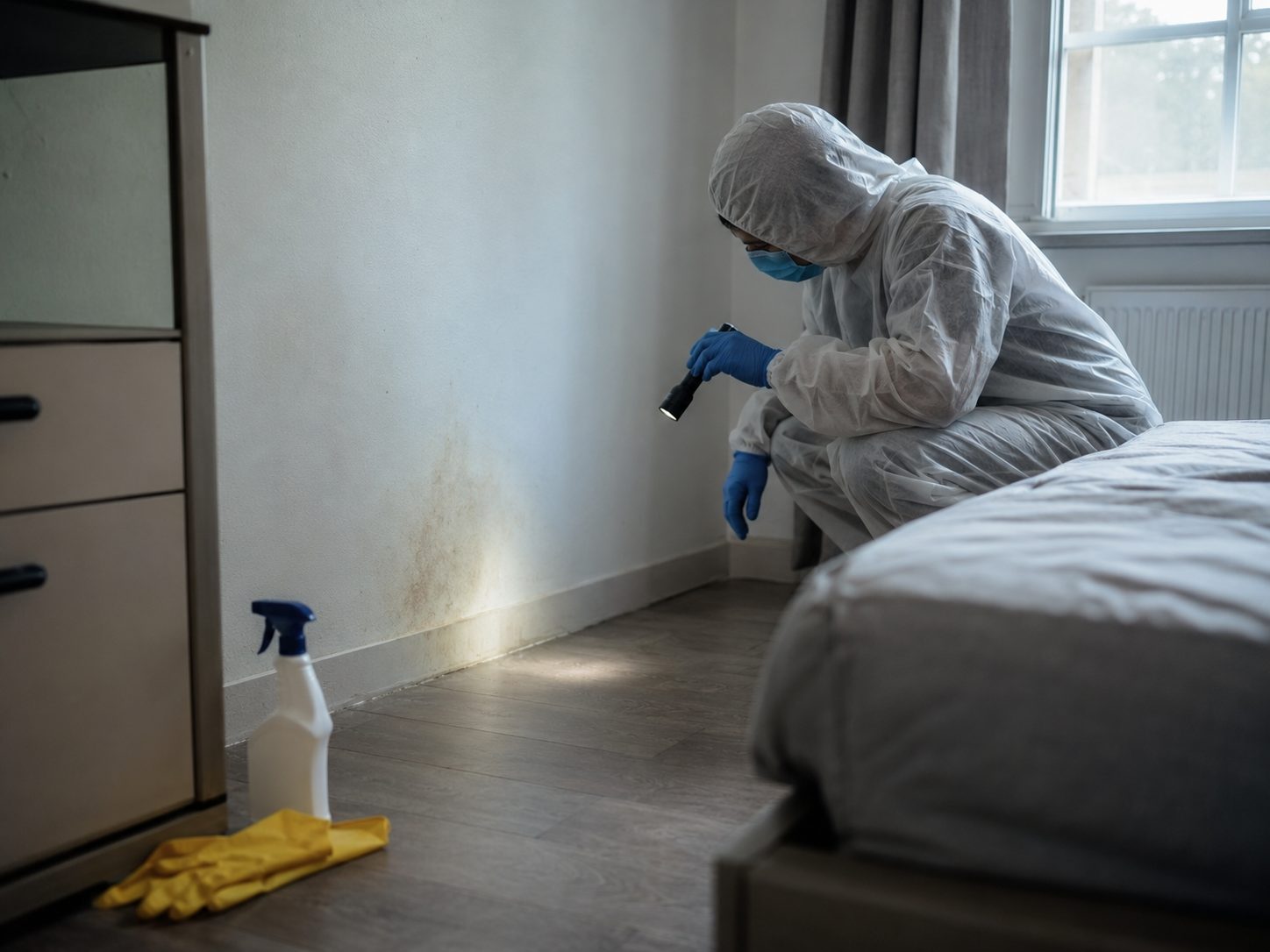 Professionnel en combinaison de protection inspectant une tache suspecte après un nettoyage après décès