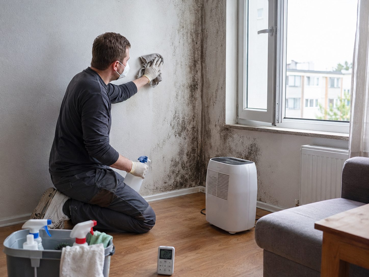 Assèchement d’un logement après des moisissures avec déshumidificateur, aération et nettoyage d’un mur humide