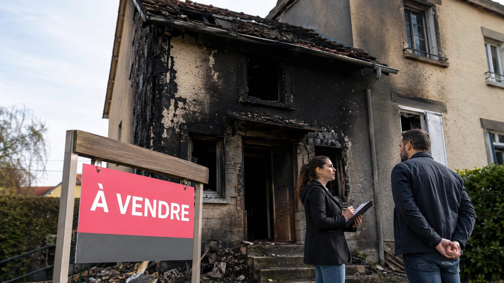 Maison endommagée par un incendie avec panneau à vendre et visite immobilière