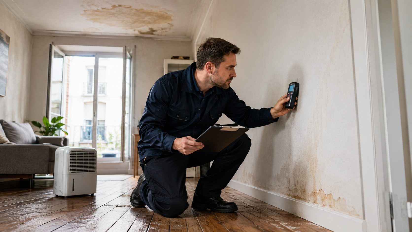 Professionnel vérifiant l’humidité d’un mur dans un logement après un dégât des eaux