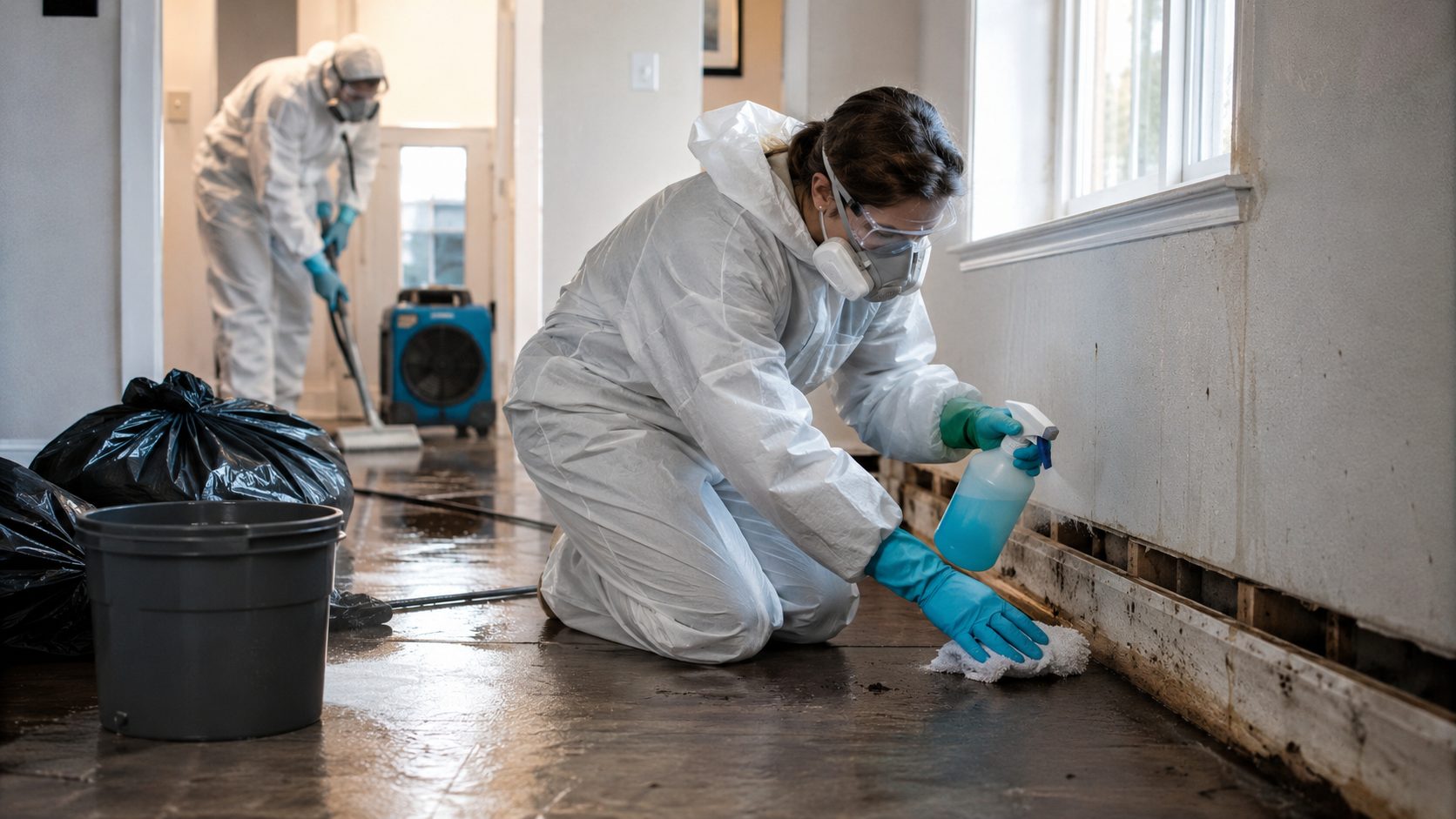 Techniciens en combinaison de protection désinfectant une pièce humide après un sinistre pour éliminer les bactéries