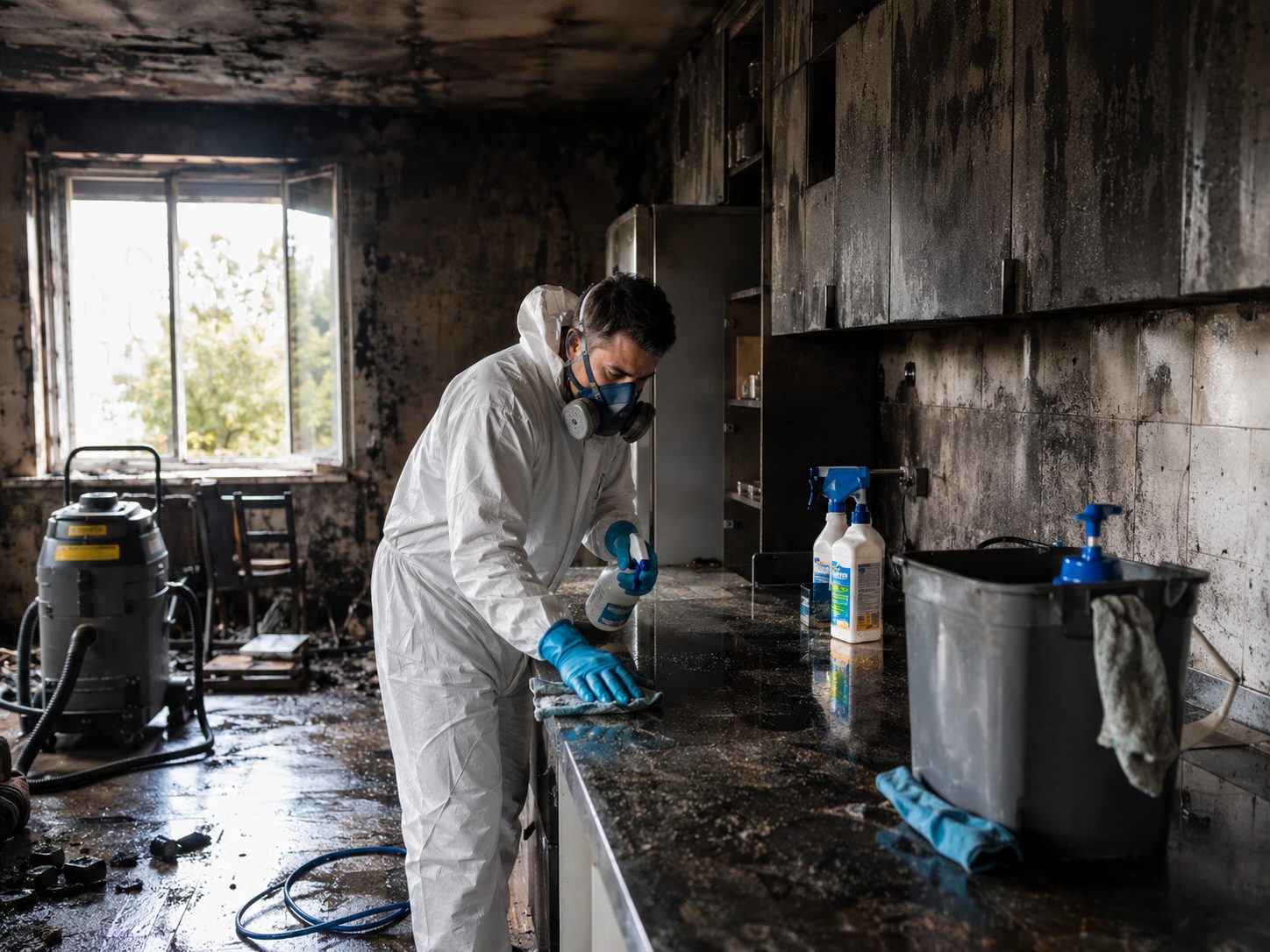 Professionnel désinfectant un logement après un incendie avec combinaison de protection, masque respiratoire et produits de nettoyage dans une cuisine noircie par la suie