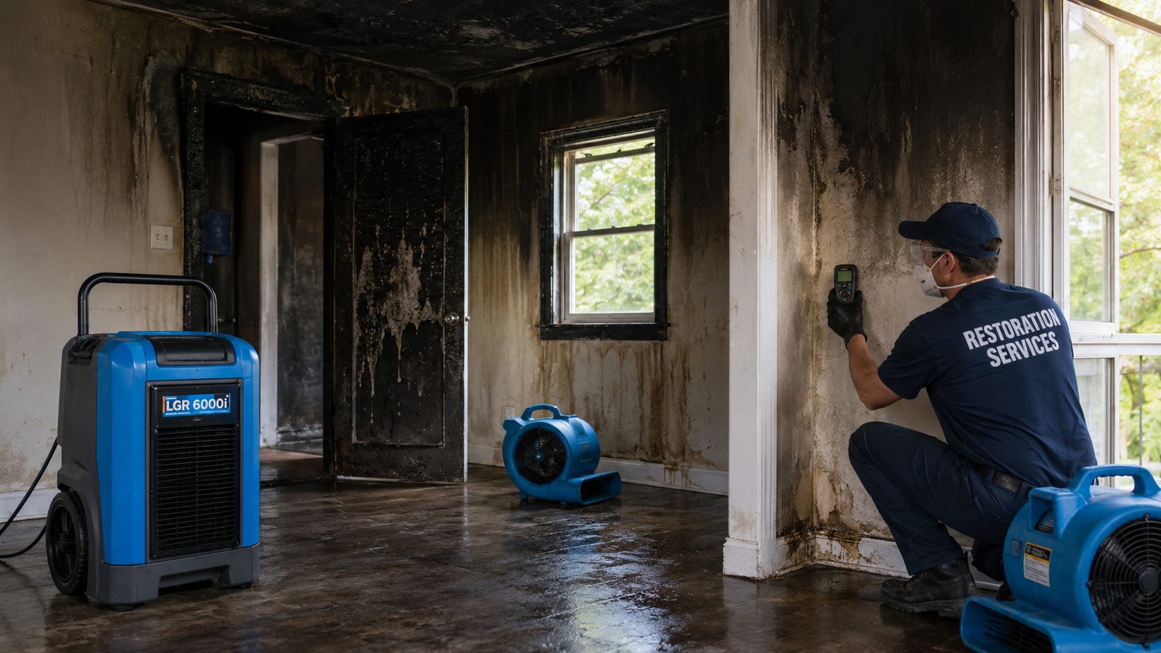 Technicien contrôlant l’humidité dans une maison endommagée par un incendie avec déshumidificateurs et ventilateurs pour éviter les moisissures.