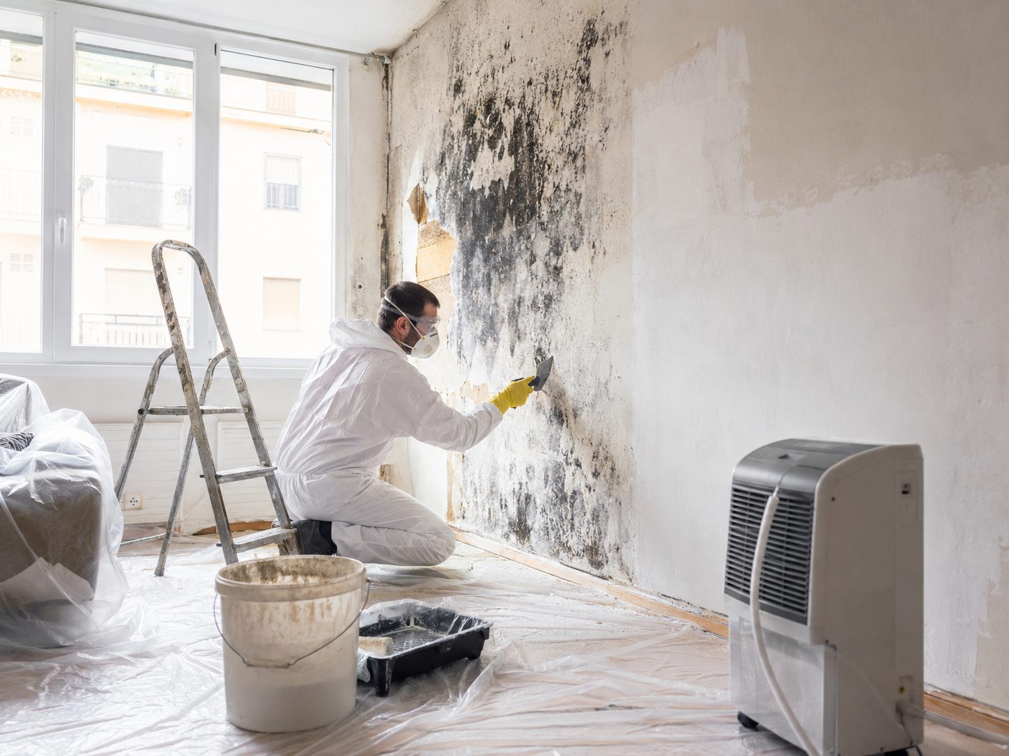 Professionnel équipé d’un masque et de gants traitant un mur touché par des moisissures avant rénovation intérieure