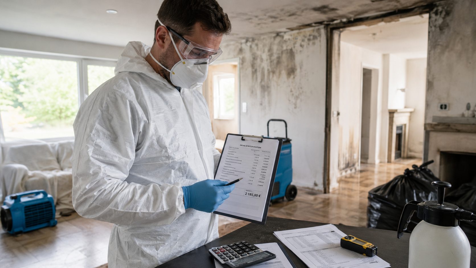Technicien en combinaison de protection établissant un devis de désinfection après sinistre dans un logement endommagé