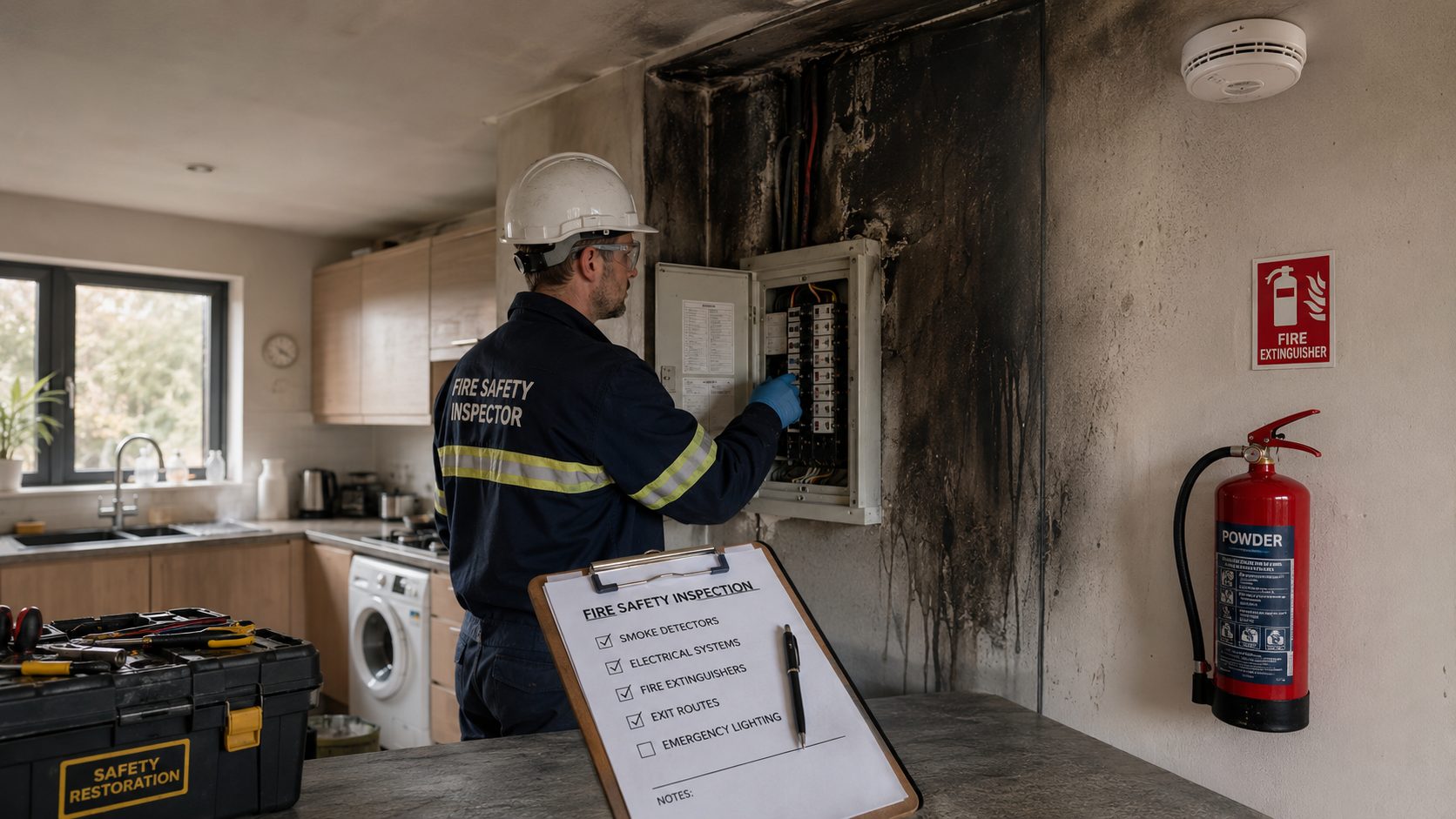 Technicien inspectant un tableau électrique après un incendie pour prévenir les récidives et sécuriser le logement