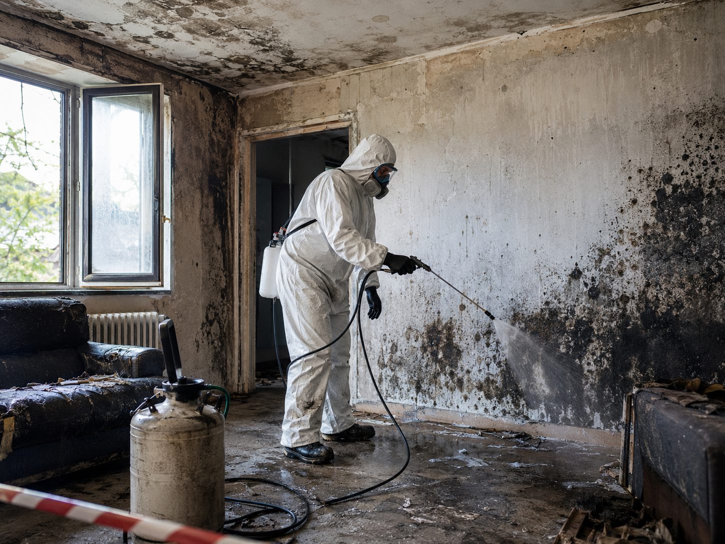 Technicien en combinaison de protection désinfectant une pièce contaminée après un sinistre avec moisissures et traces d’humidité