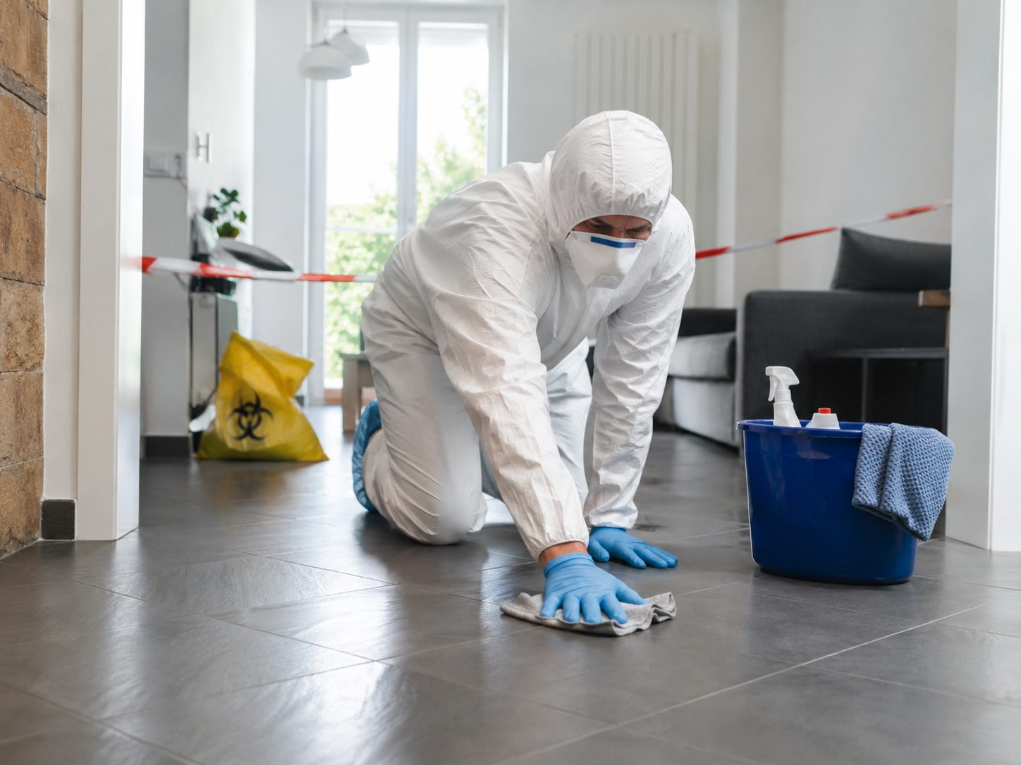 Professionnel en combinaison de protection nettoyant un sol carrelé après un décès dans un logement