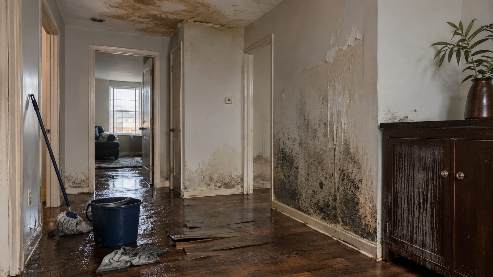 Mauvais nettoyage après un dégât des eaux avec moisissures, sol humide, parquet déformé et murs abîmés par l’humidité