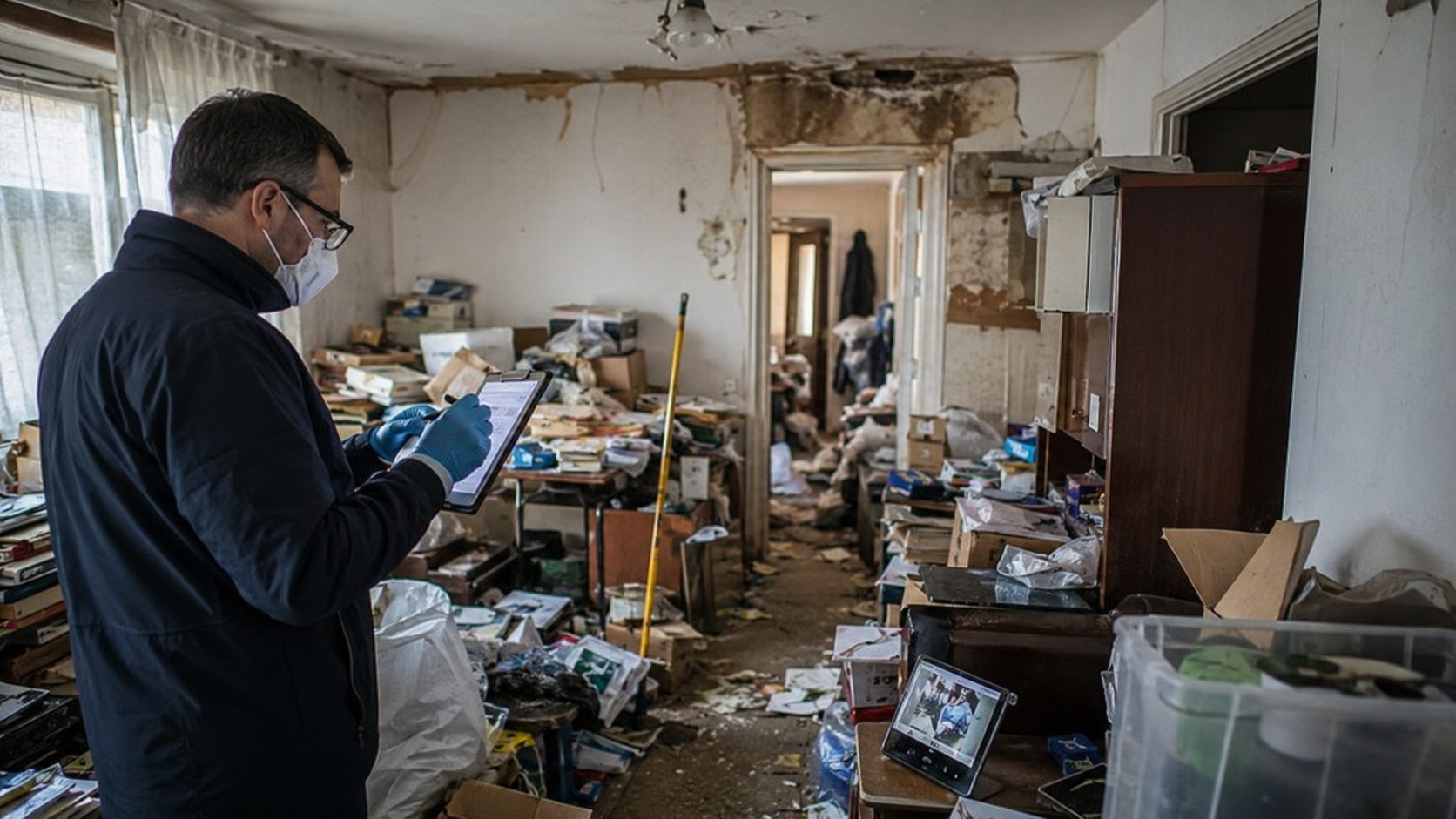 Expert d’assurance inspectant un logement encombré et dégradé après un syndrome de Diogène