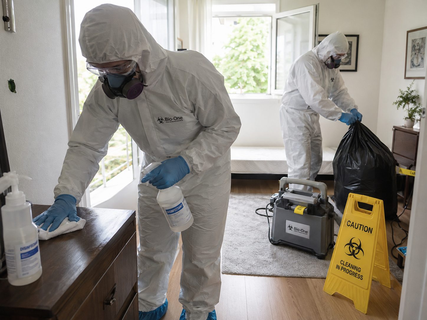 Techniciens en combinaison de protection désinfectant un logement après un nettoyage après décès
