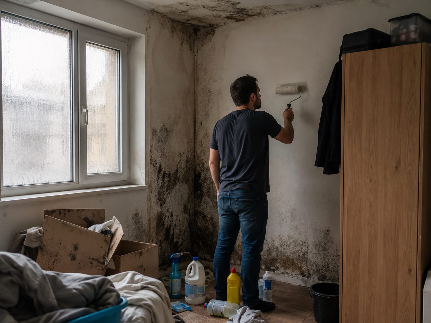 Homme repeignant un mur touché par des moisissures dans une pièce humide avec fenêtre condensée et produits de nettoyage au sol