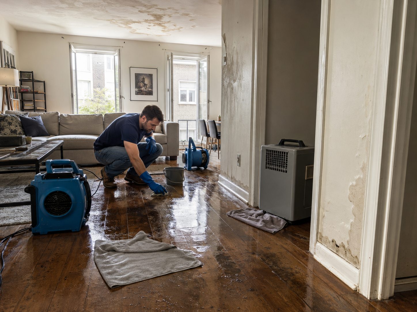 Homme asséchant un logement après un dégât des eaux avec déshumidificateur, ventilateurs et sol humide