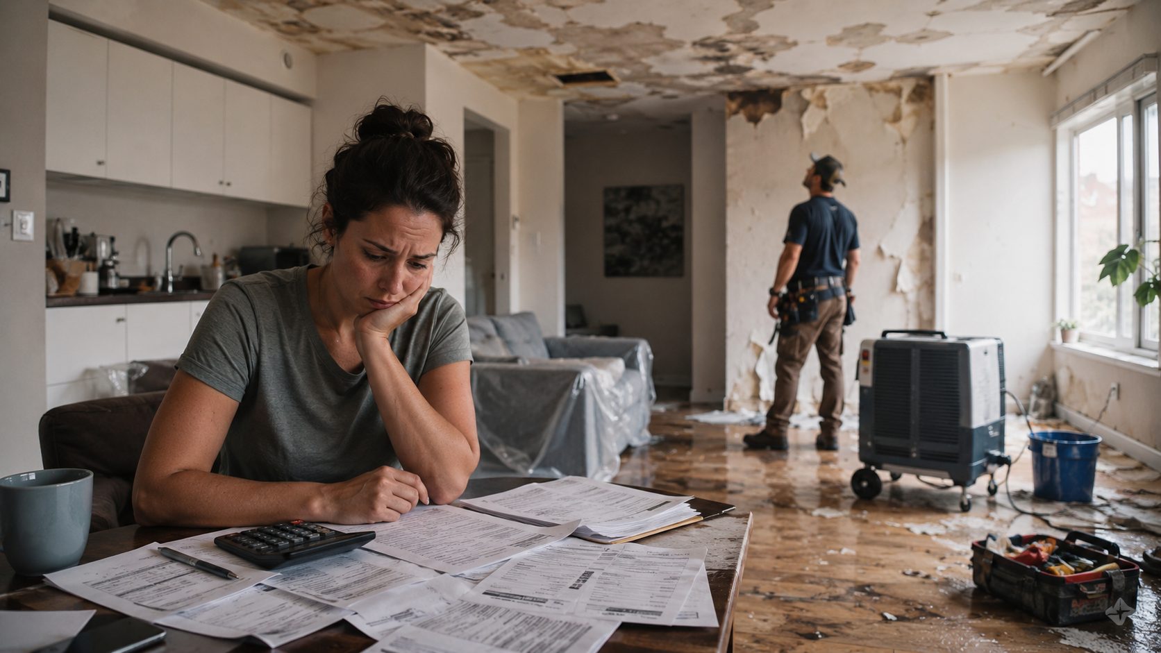 Femme inquiète devant des factures après un dégât des eaux dans un logement endommagé avec plafond abîmé, sol humide et travaux de réparation en cours.