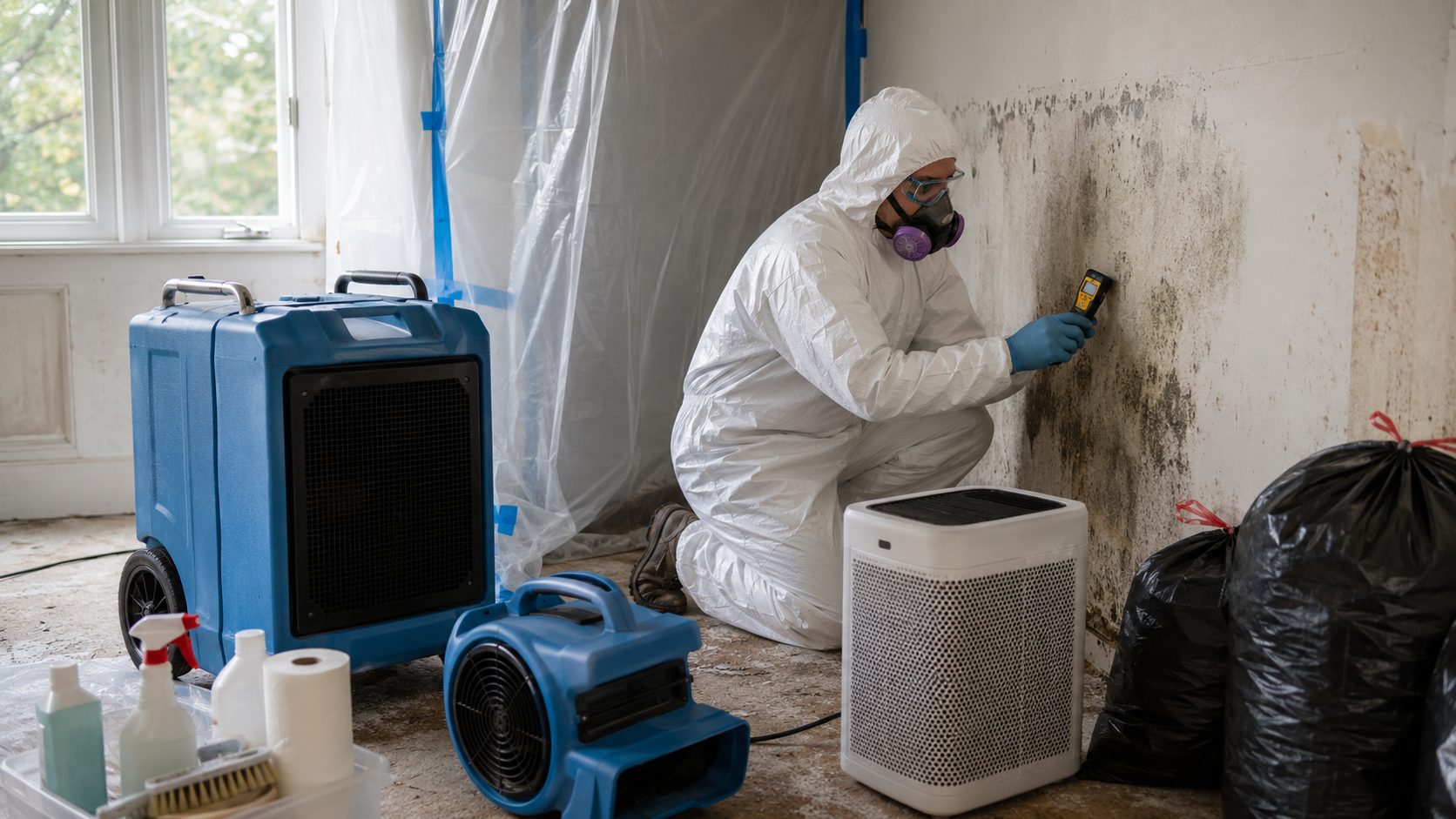 Technicien équipé d’une combinaison de protection inspectant un mur touché par des moisissures avec un humidimètre et du matériel de déshumidification