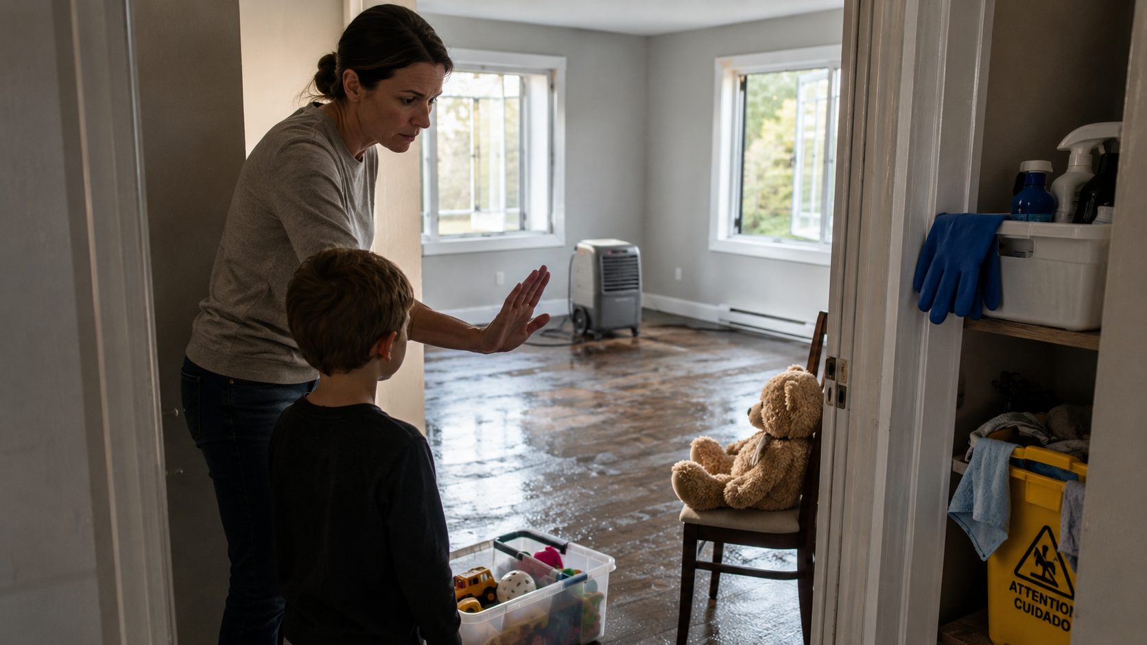 Parent empêchant un enfant d’entrer dans une pièce récemment désinfectée après un sinistre domestique