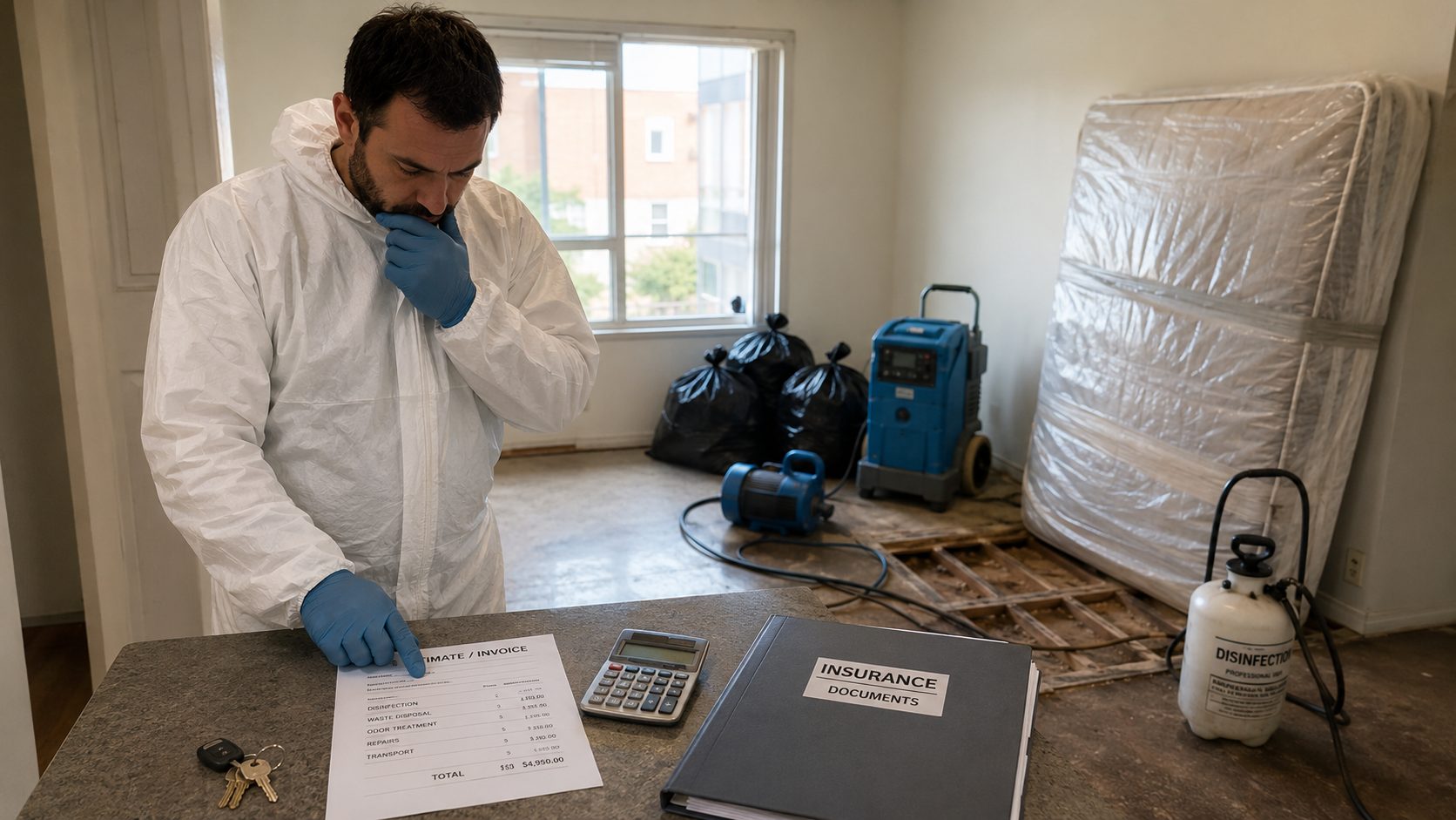 Technicien en combinaison de protection analysant une facture et des documents d’assurance après un nettoyage après décès dans un logement en cours de désinfection