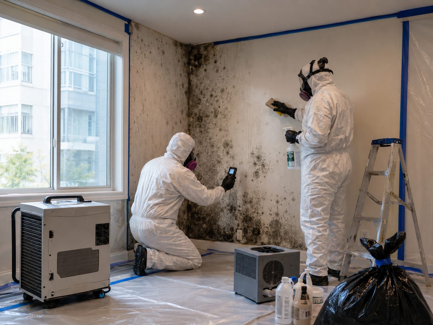 Techniciens en combinaison de protection traitant un mur contaminé par des moisissures dans un logement