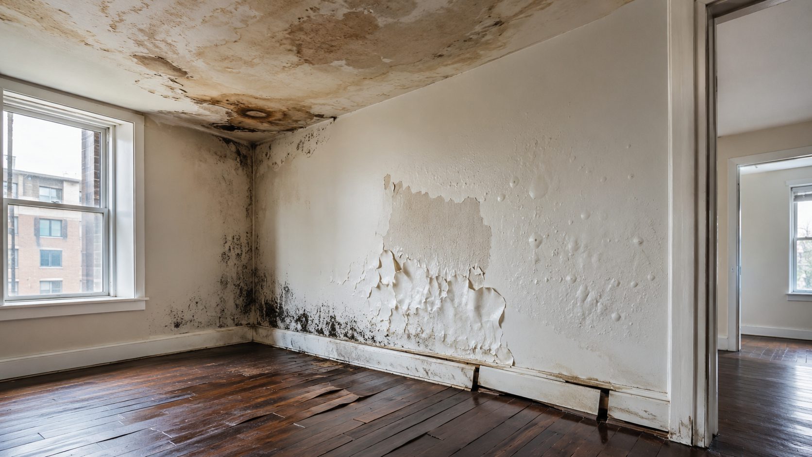 Pièce intérieure avec plafond taché, moisissures, peinture cloquée et parquet déformé après un dégât des eaux persistant
