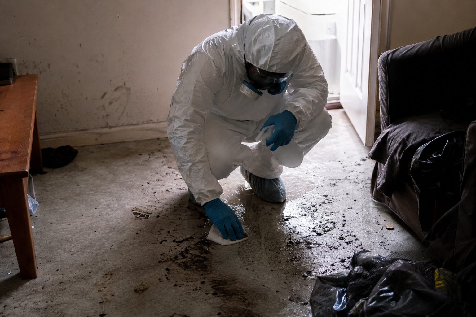 Technicien en combinaison de protection réalisant un nettoyage après décès dans un logement insalubre