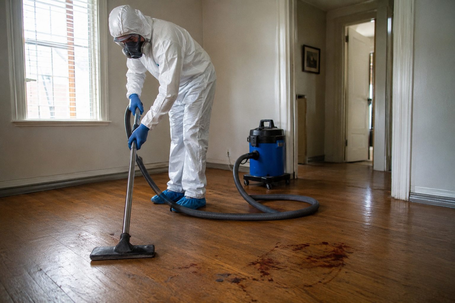 Technicien en combinaison de protection réalisant un nettoyage après décès dans une pièce contaminée