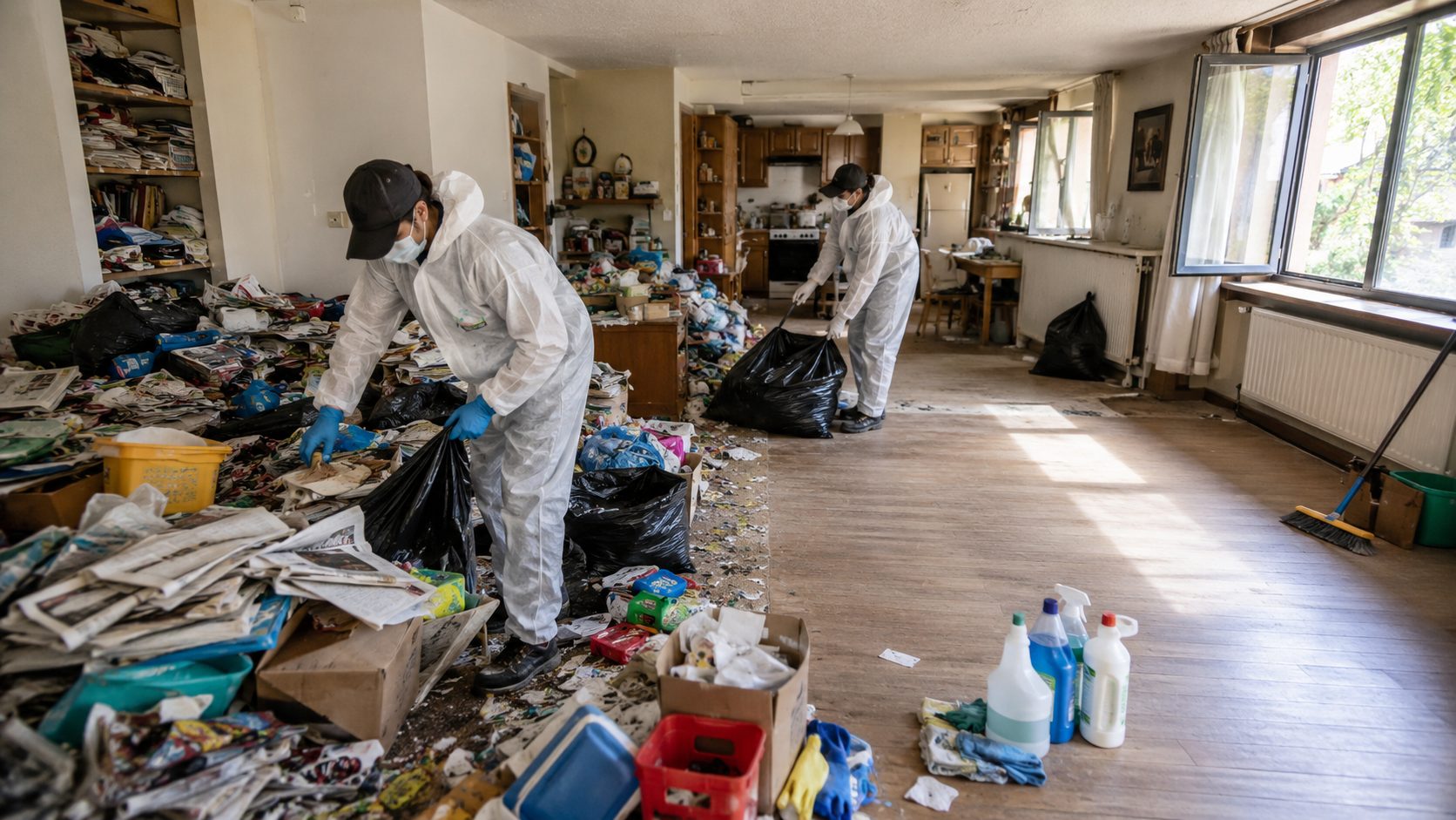 Professionnels du nettoyage en combinaison de protection remettant en état un logement encombré après un syndrome de Diogène