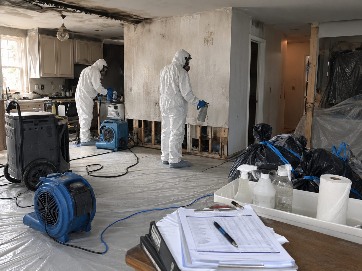 Techniciens en combinaison réalisant une désinfection après sinistre dans une maison endommagée avec matériel d’assèchement, déchets contaminés et devis au premier plan