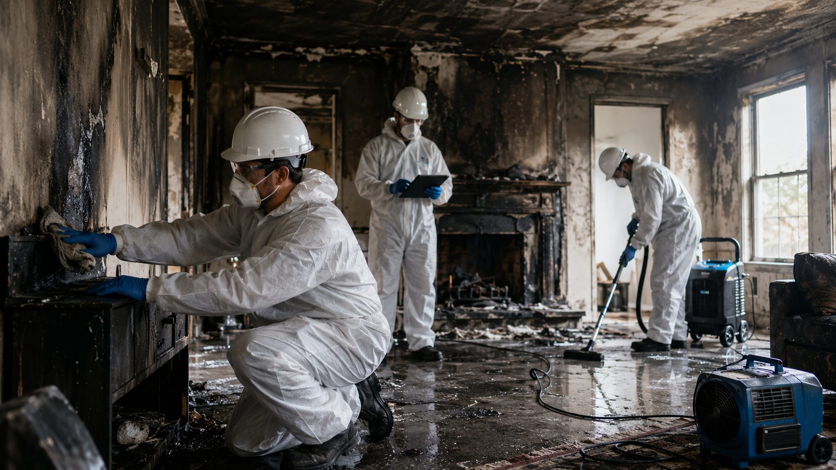 Équipe professionnelle en combinaison de protection nettoyant un logement endommagé par un incendie