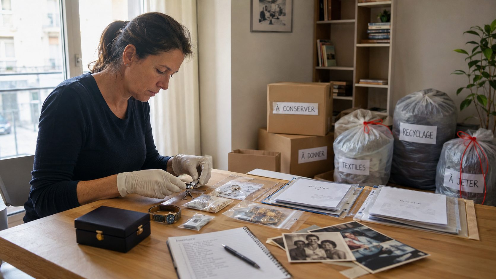 Personne triant des bijoux, documents et souvenirs pour protéger ses objets de valeur après un syndrome de Diogène