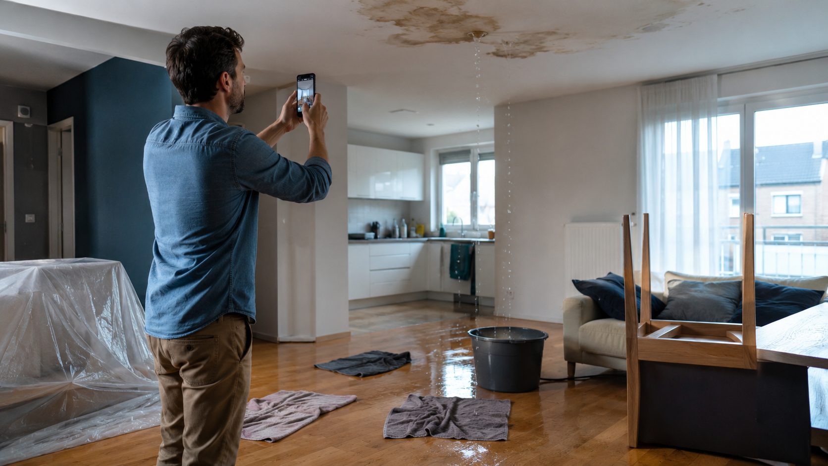 Homme prenant en photo un dégât des eaux dans un appartement avec fuite au plafond, seau au sol et meubles protégés.