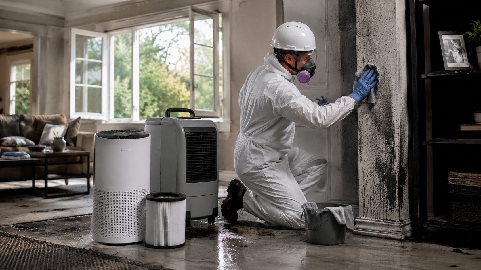 Technicien en combinaison de protection nettoyant la suie dans une maison après un incendie avec purificateur d’air et déshumidificateur