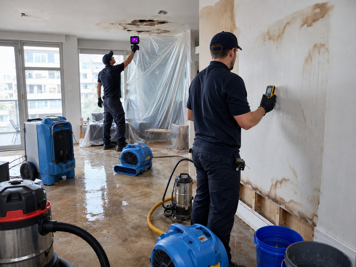 Techniciens utilisant un déshumidificateur, des ventilateurs et des appareils de mesure après un dégât des eaux dans un logement
