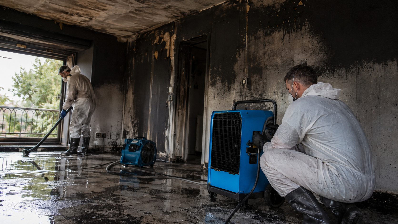 Professionnels asséchant un logement après un incendie avec déshumidificateur industriel et aspirateur à eau dans une pièce noircie par la fumée