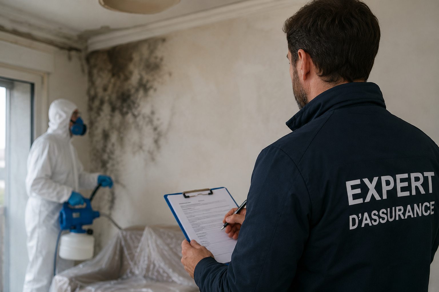 Expert d’assurance inspectant un logement après une désinfection suite à un sinistre