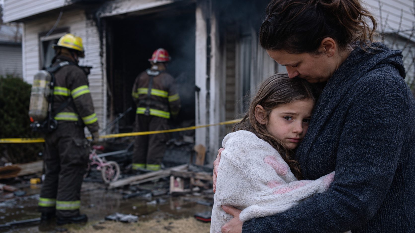 Enfant protégée par sa mère devant une maison endommagée par un incendie avec des pompiers en intervention