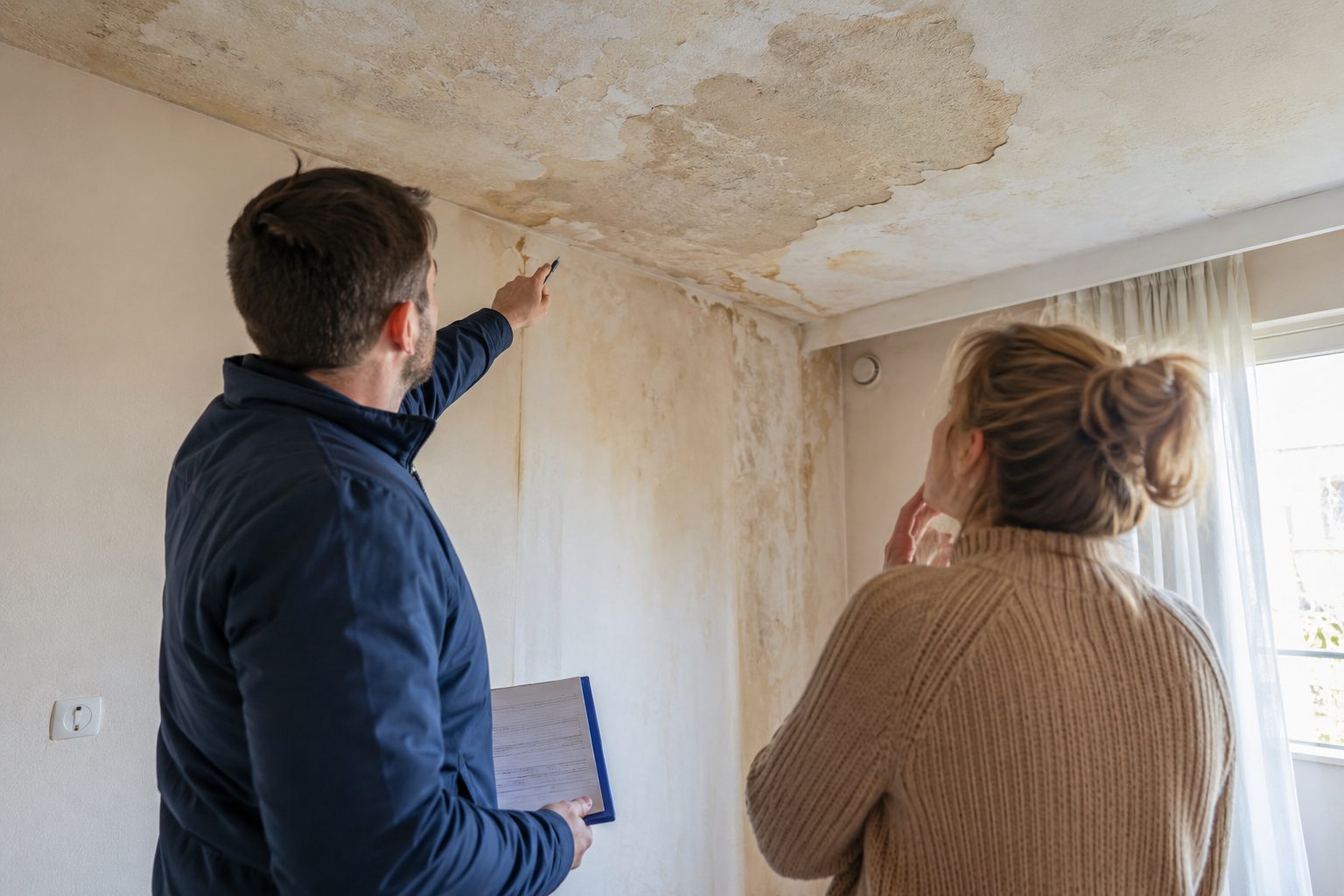 Expert d’assurance inspectant un plafond endommagé par un dégât des eaux avec une occupante du logement