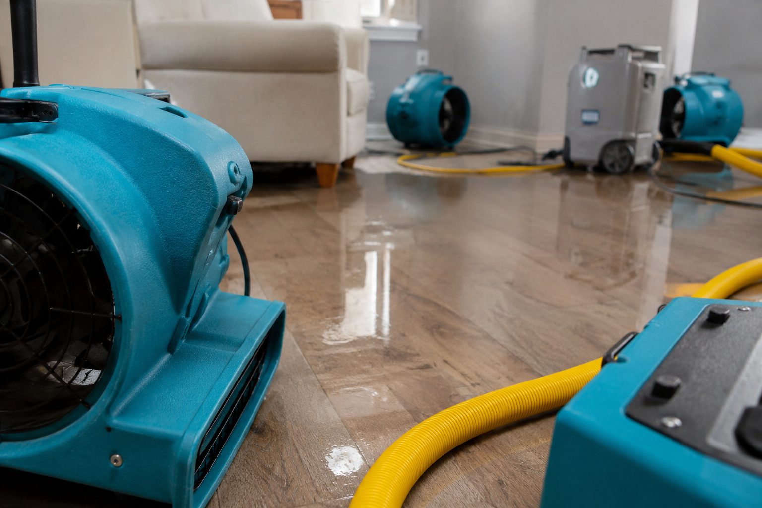Équipements professionnels de séchage installés dans un salon après un dégât des eaux avec sol humide