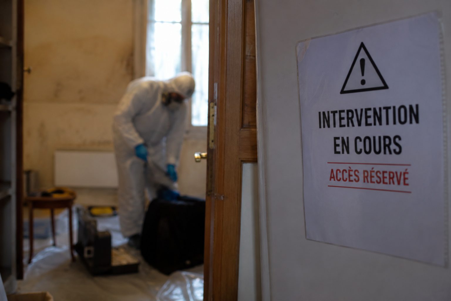 Technicien en combinaison de protection intervenant dans un logement pour un nettoyage après décès avec accès sécurisé