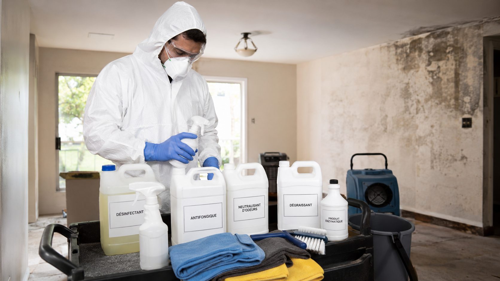 Technicien en combinaison de protection préparant des produits de désinfection après un sinistre dans une pièce endommagée par l’humidité