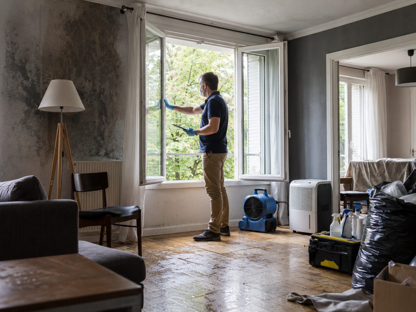 Technicien inspectant et aérant un logement après une désinfection consécutive à un sinistre