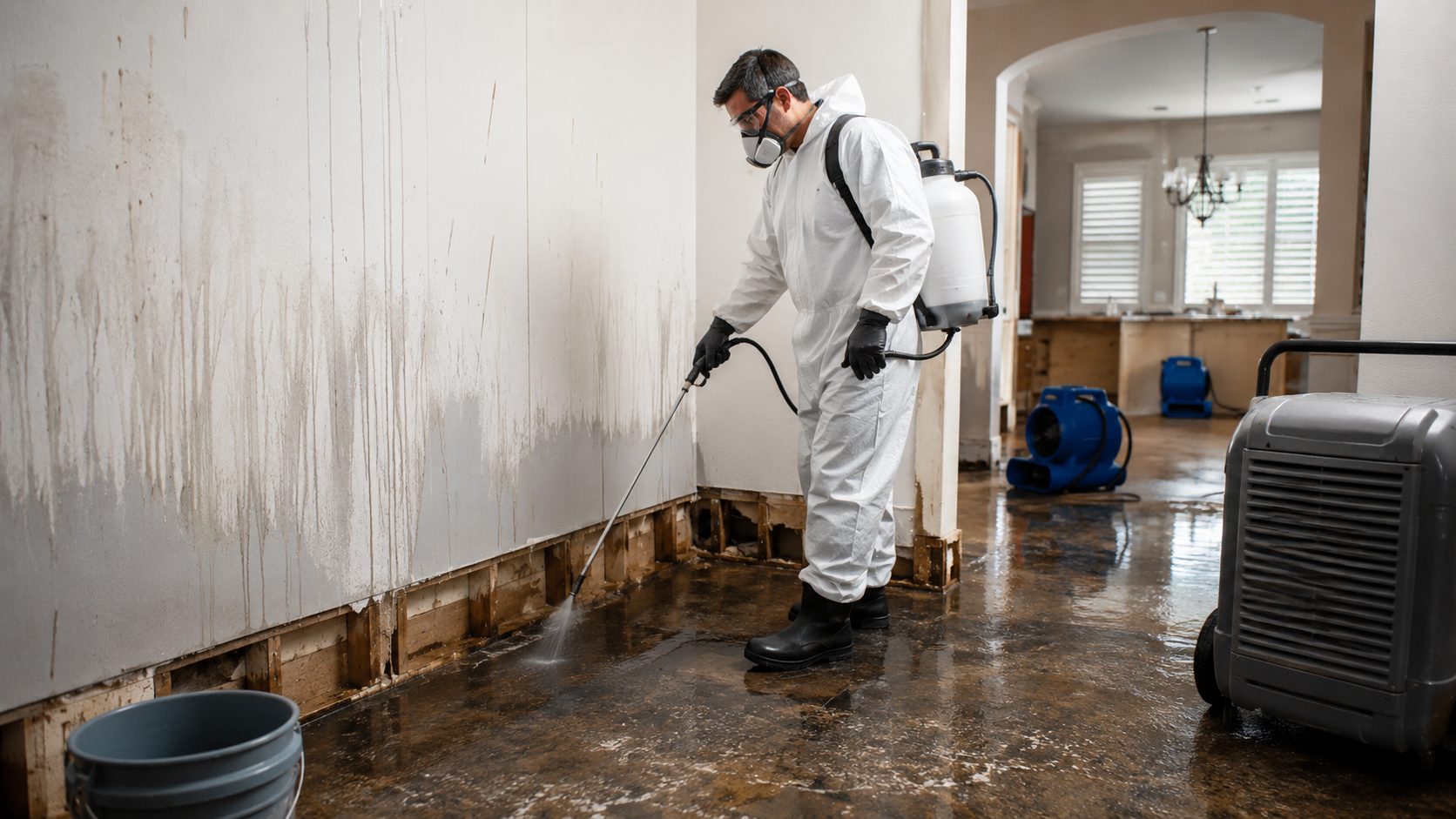 Technicien en combinaison de protection désinfectant une pièce humide après un dégât des eaux