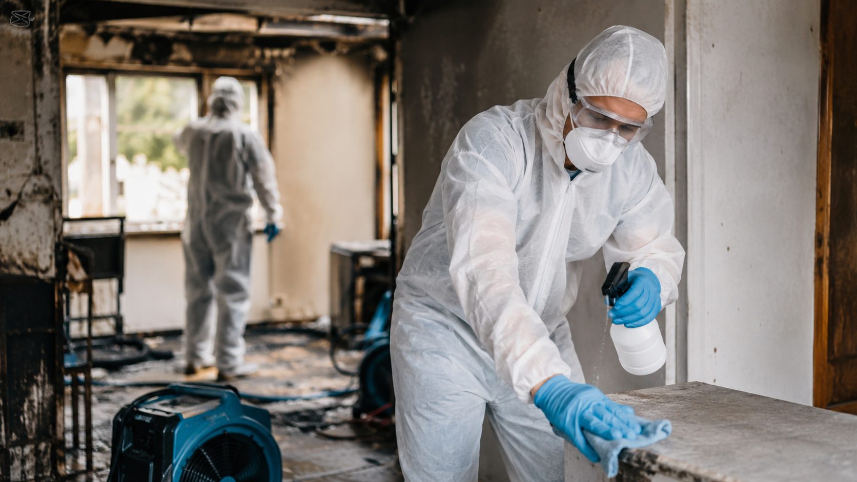 Technicien en combinaison de protection désinfectant une pièce endommagée après un sinistre