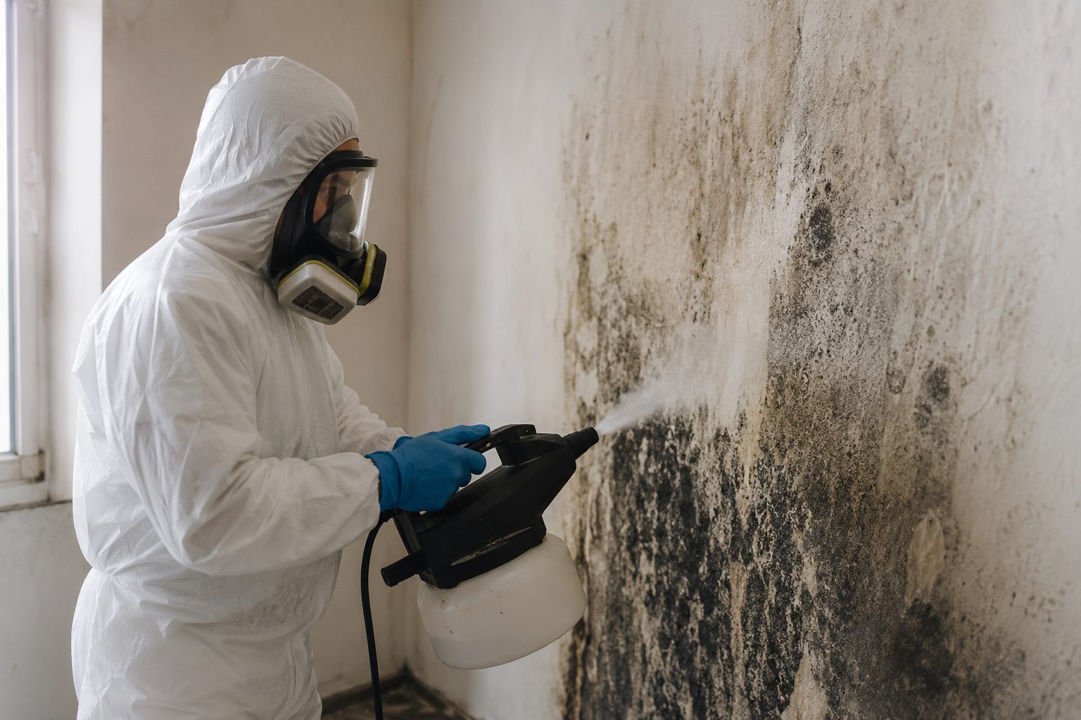 Technicien en combinaison de protection désinfectant un mur contaminé par des moisissures dans un logement
