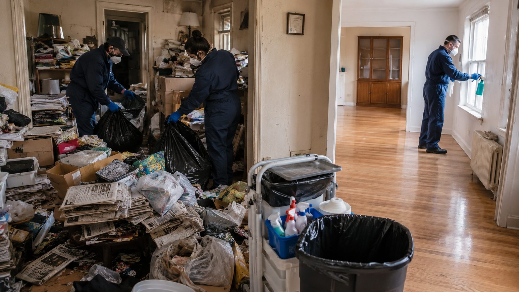 Équipe de professionnels nettoyant et désinfectant un logement très encombré après un syndrome de Diogène
