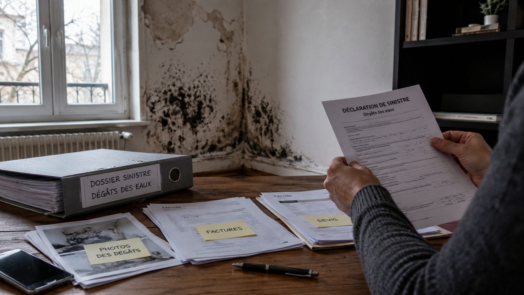 Documents d’assurance, factures, devis et photos de dégâts posés sur une table devant un mur touché par des moisissures après un dégât des eaux.