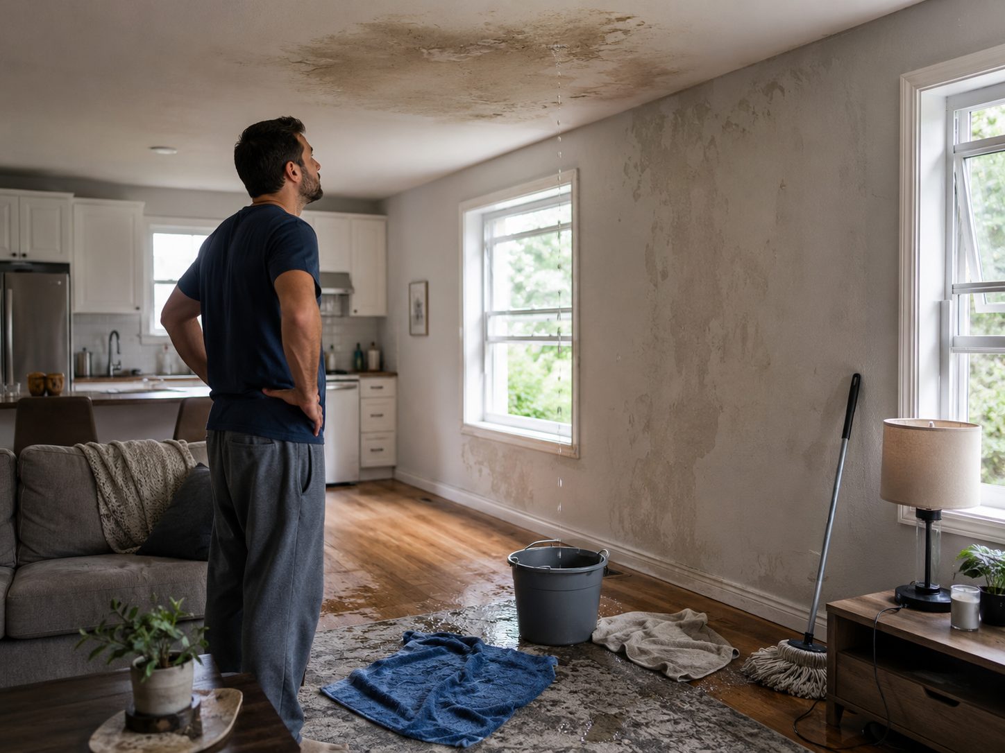 Homme observant un plafond abîmé par un dégât des eaux dans son logement avec un seau posé au sol pour recueillir les gouttes.