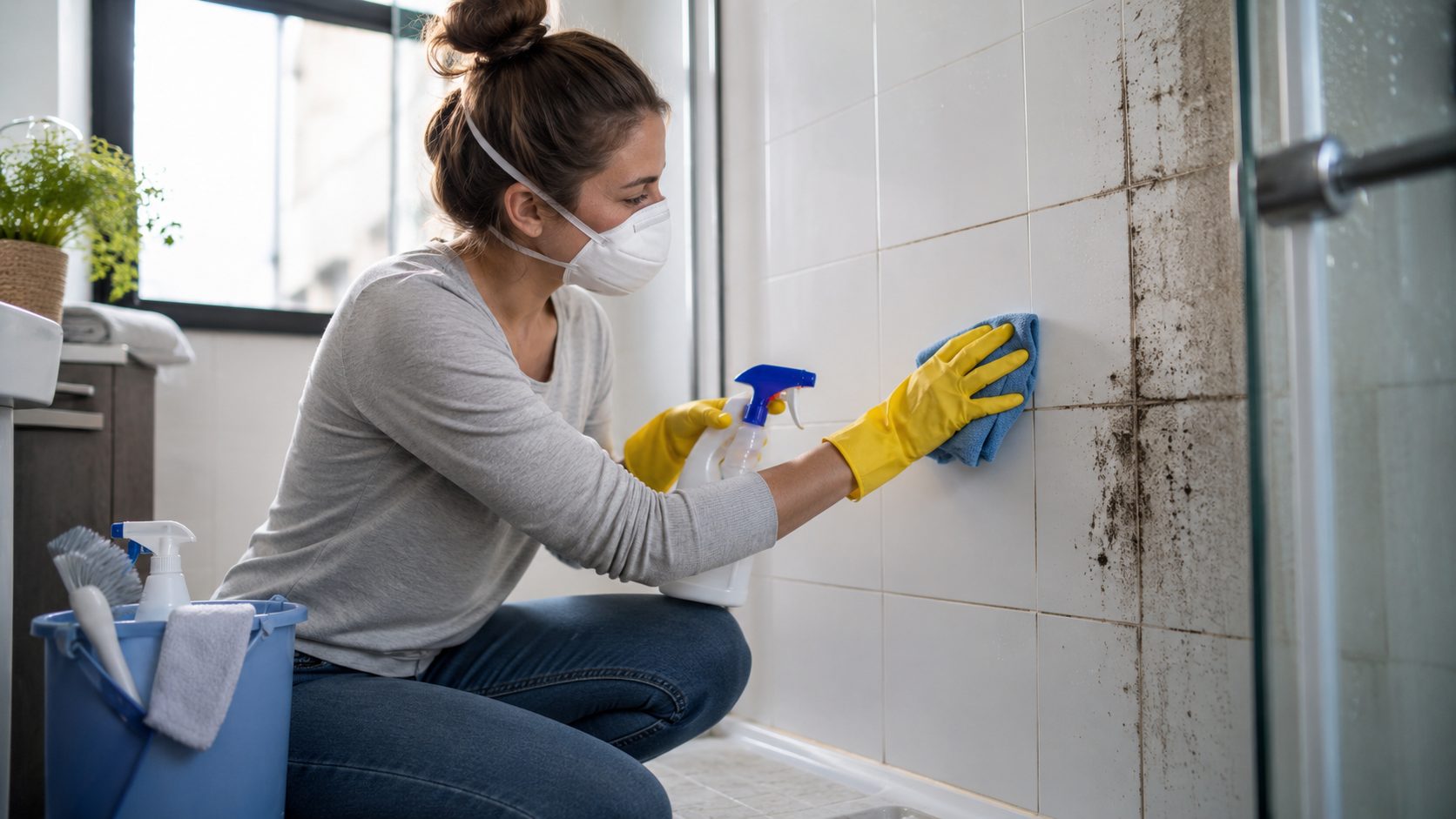 Personne portant un masque et des gants nettoyant des moisissures sur les joints de carrelage d’une salle de bain
