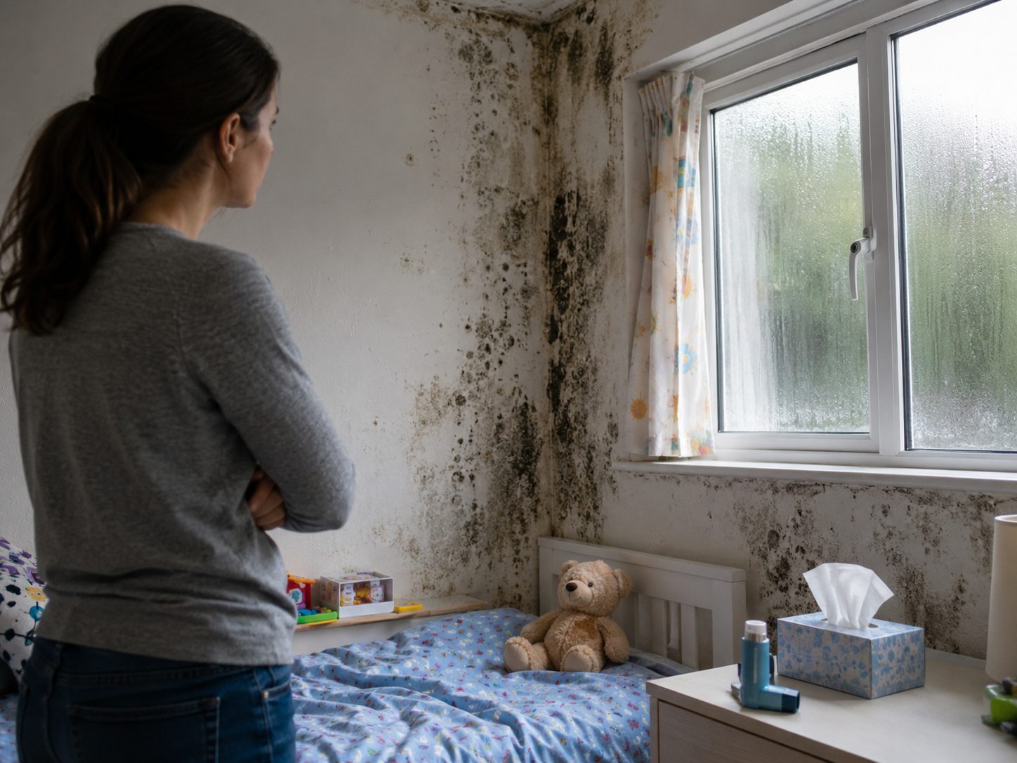 Enfant exposé aux dangers des moisissures dans une chambre humide avec mur noirci et condensation