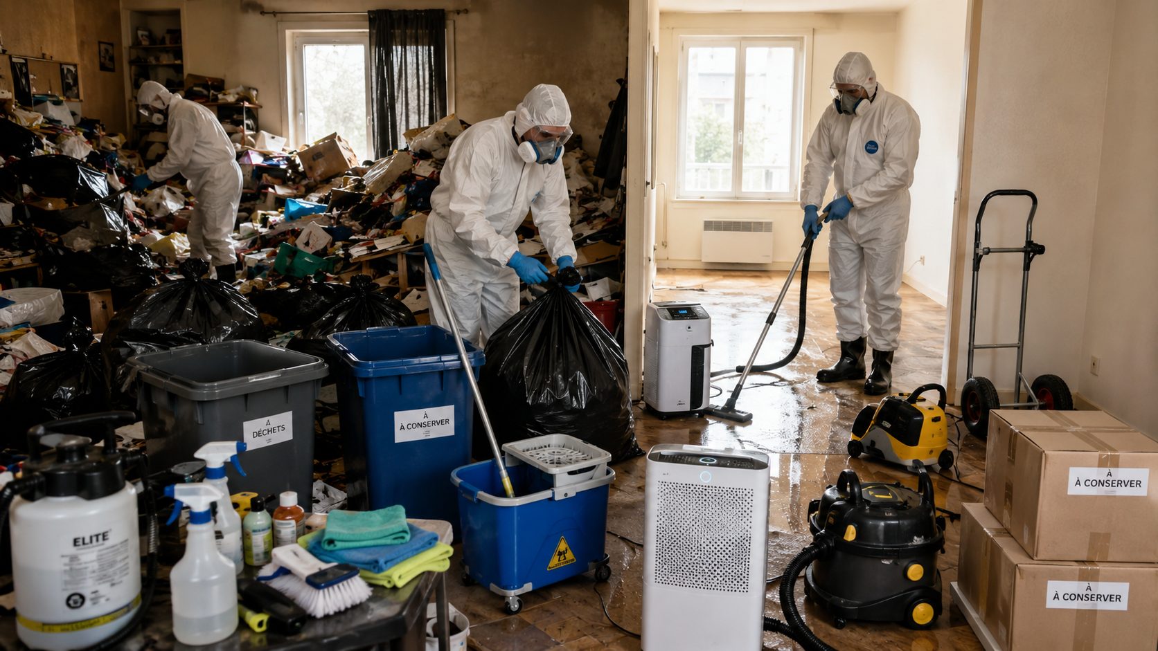 Équipe de nettoyage spécialisée utilisant des équipements de protection, sacs de tri, aspirateurs professionnels et matériel de désinfection après un syndrome de Diogène
